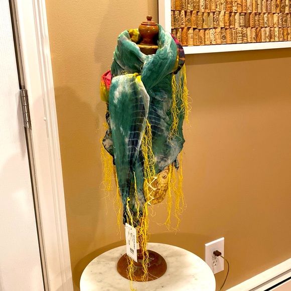 Elizabeth Gillett Riley Cotton Multi Colored Scarf with Yellow Tassels - Picture 1 of 13